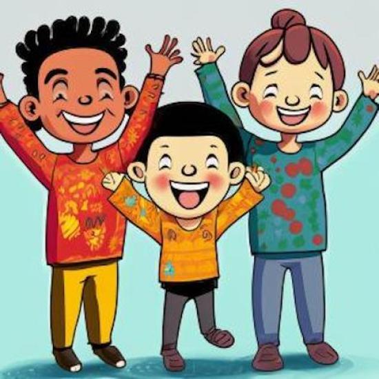 Three happy artoon characters with their hands above their heads