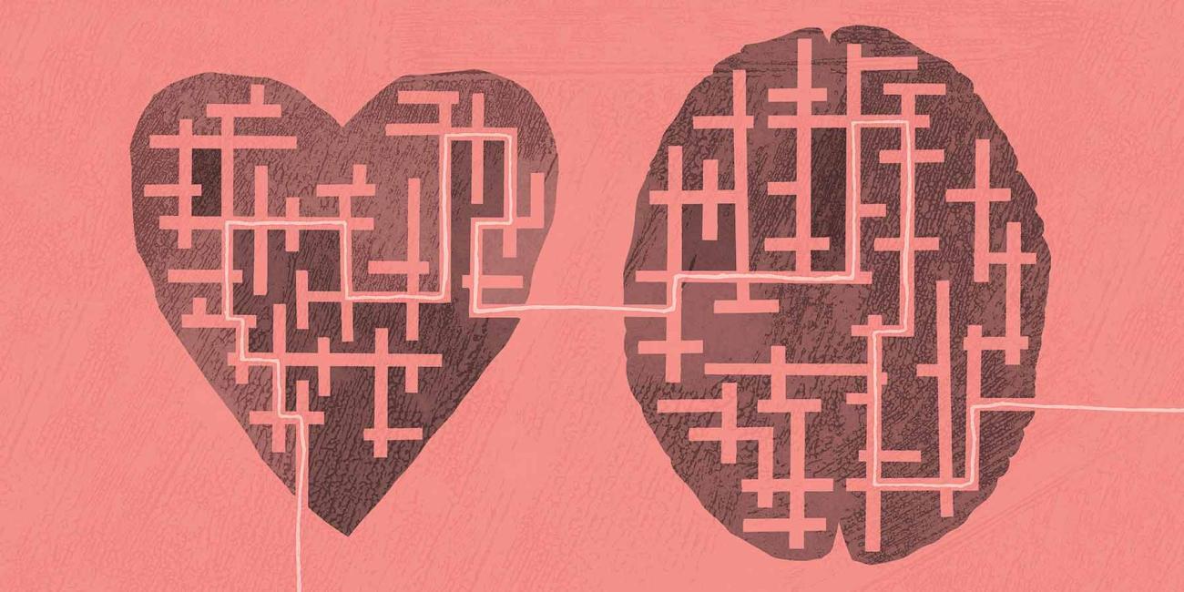 Illustration depicting heart versus mind conflict