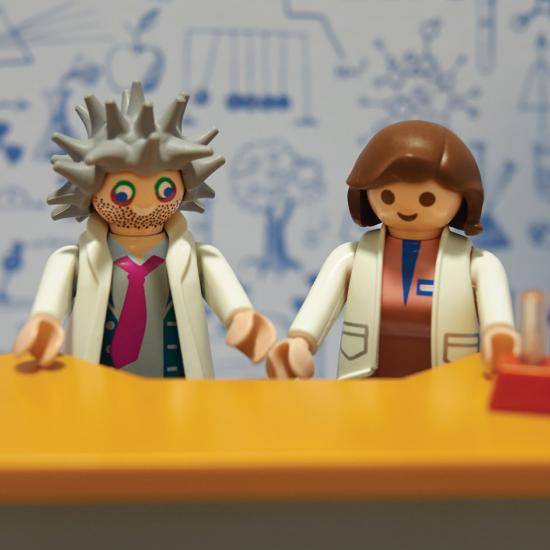 Toy scientists in fake lab