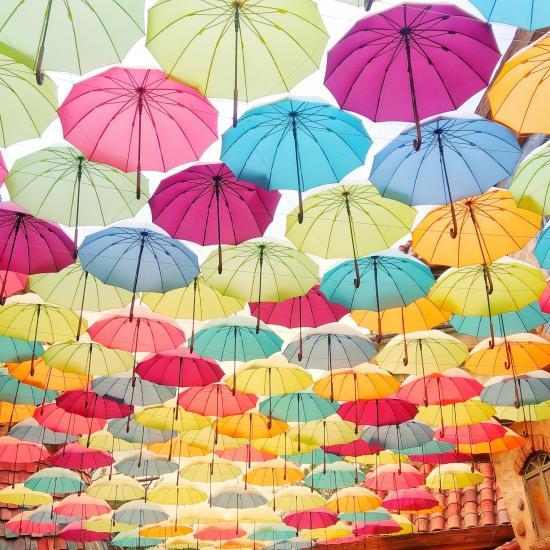 a canopy of coloured umbrellas