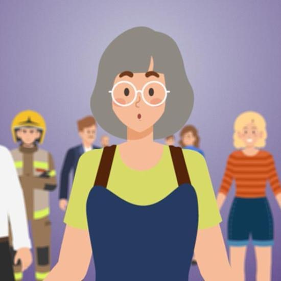 Cartoon of older woman appearing confused while surrounded by professionals