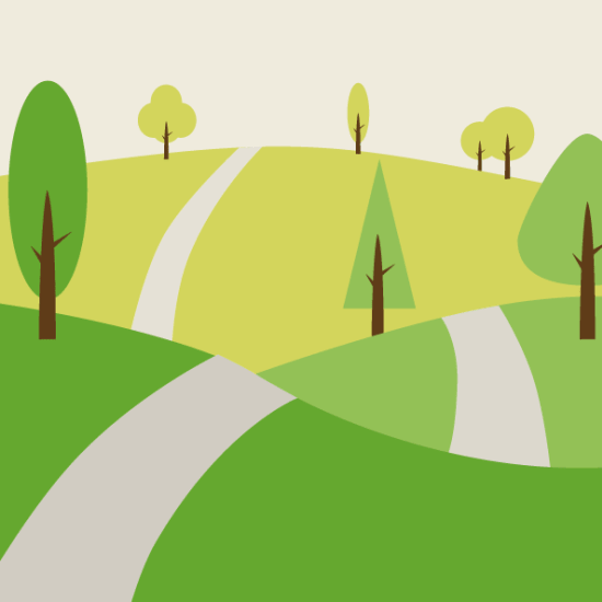 Colourful illustration of path winding across rolling hills