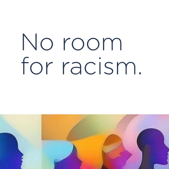 the text no room for racism above a multicoloured selection of minimalist portraits