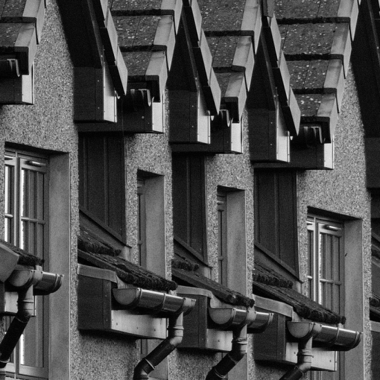 a row of house roofs in black and white