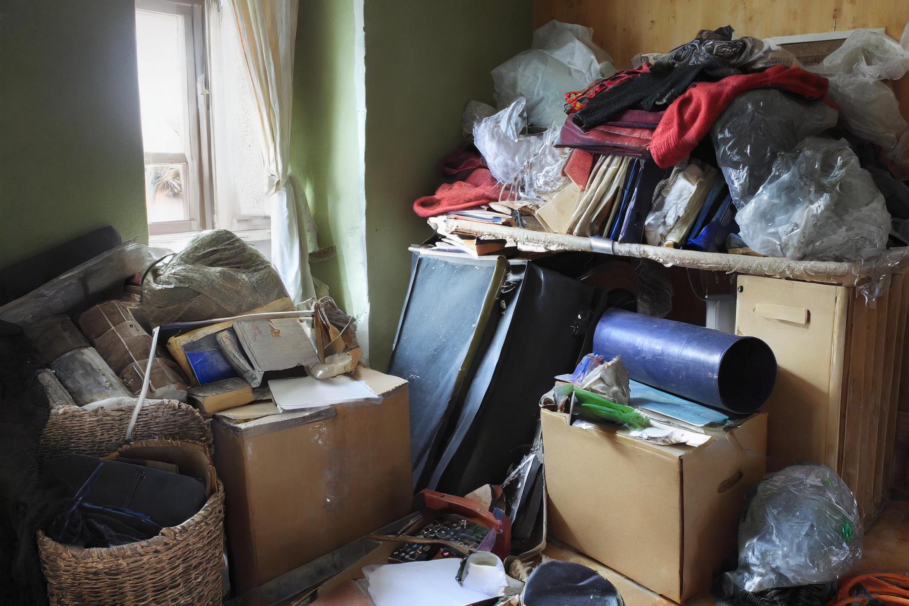 Small room filled with boxes and clutter