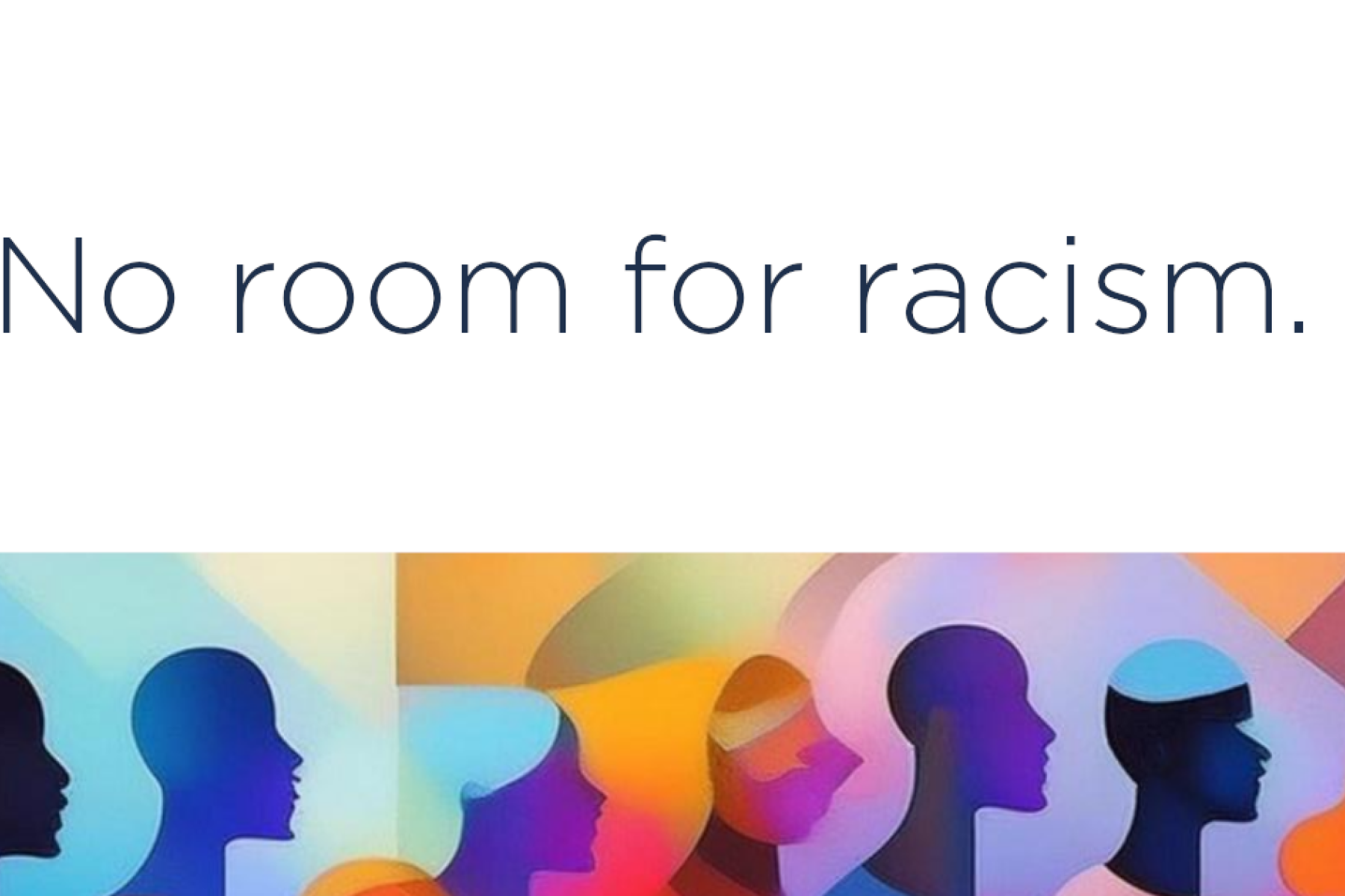 the text no room for racism above a multicoloured selection of minimalist portraits