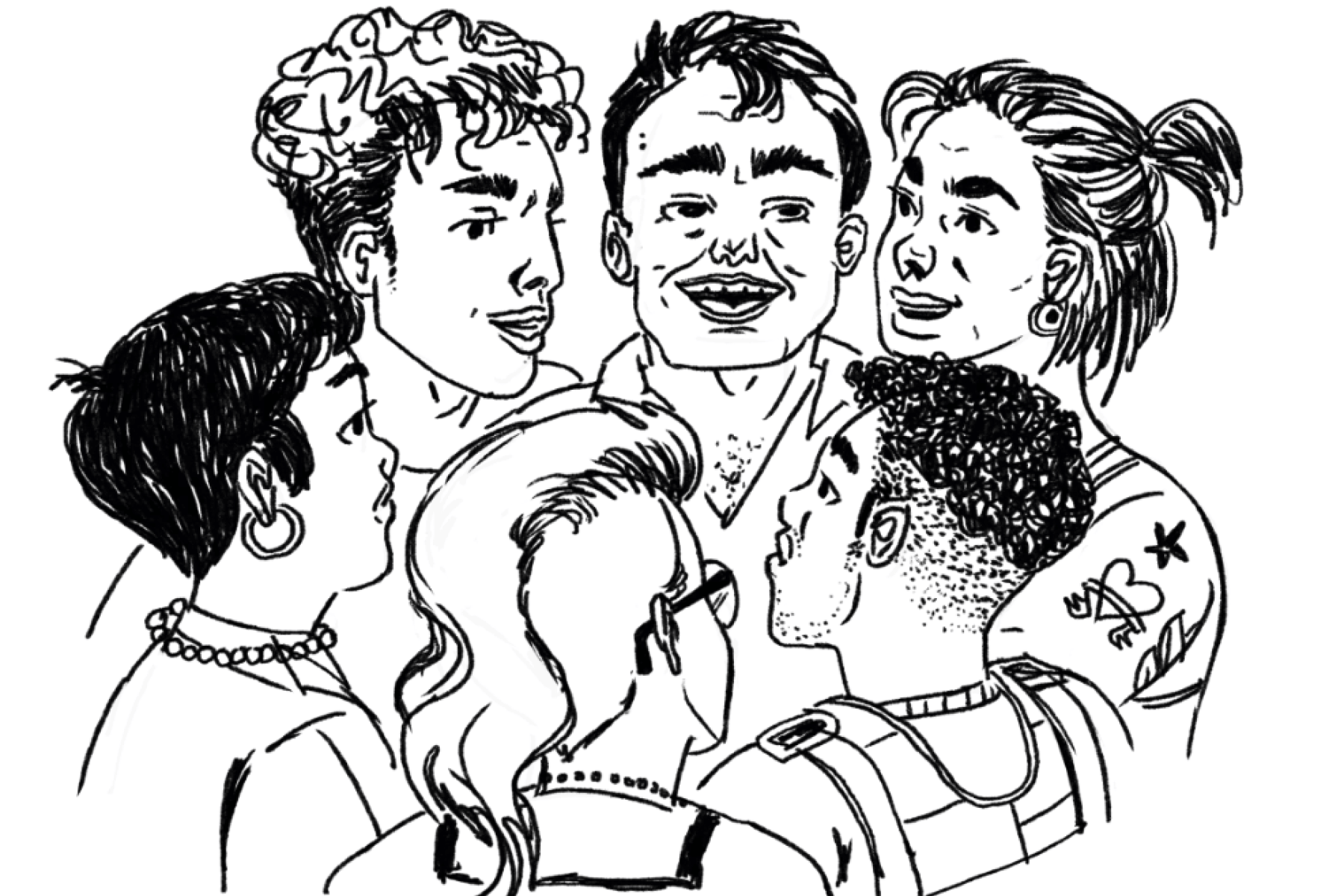 Drawing of six people smiling and huddled together