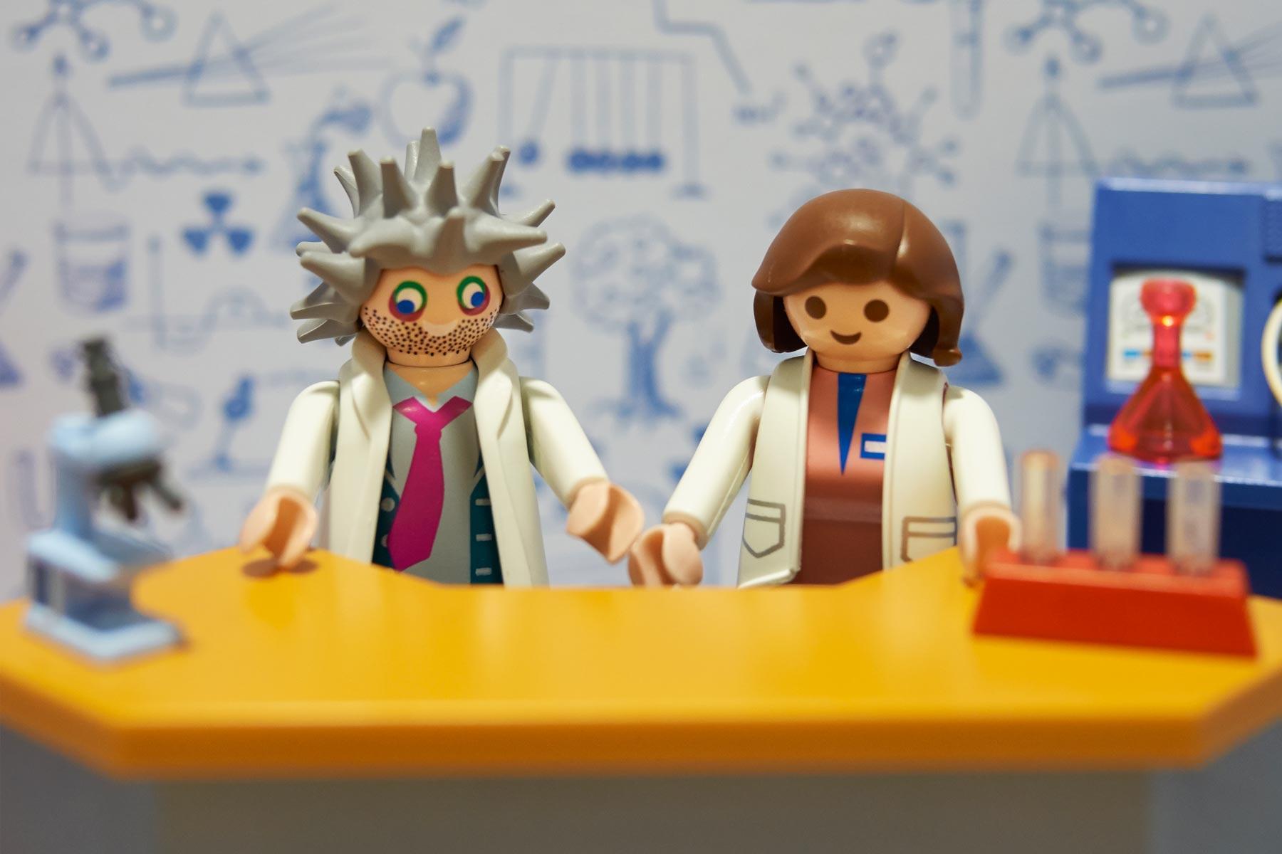 Toy scientists in fake lab