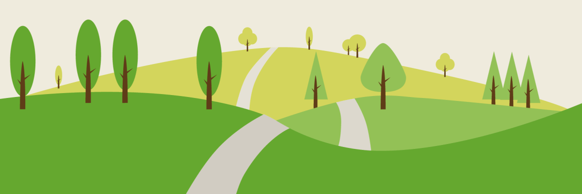 Colourful illustration of path winding across rolling hills