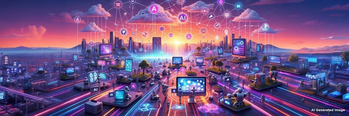 AI generated image - mass landscape of computers generating content in the sky