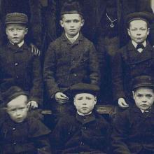 Vintage faded image of group of orphan children outside home