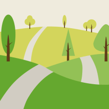 Colourful illustration of path winding across rolling hills