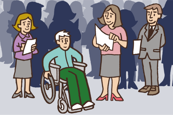 Illustration showing service user surrounded by strangers