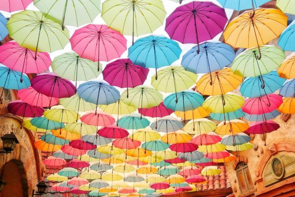 a canopy of coloured umbrellas