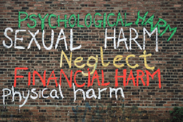 Types of harm written on a brick wall