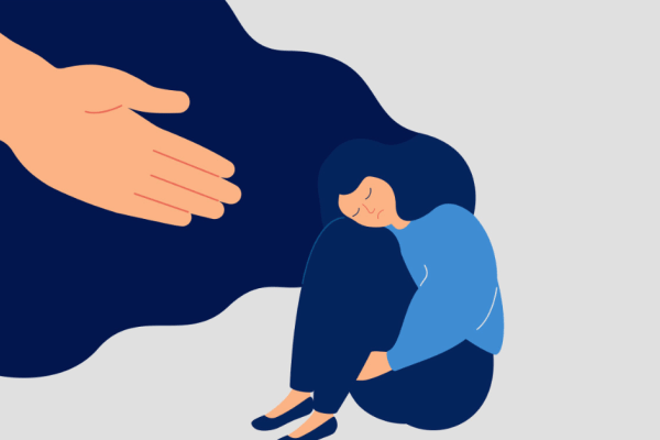 Image of a woman with a hand reaching out to her