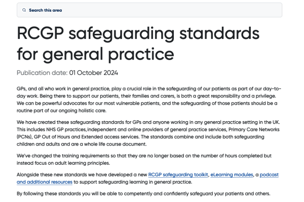 Screenshot of RCGP website