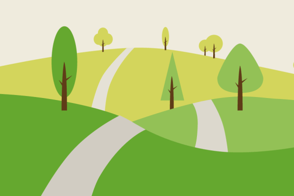 Colourful illustration of path winding across rolling hills