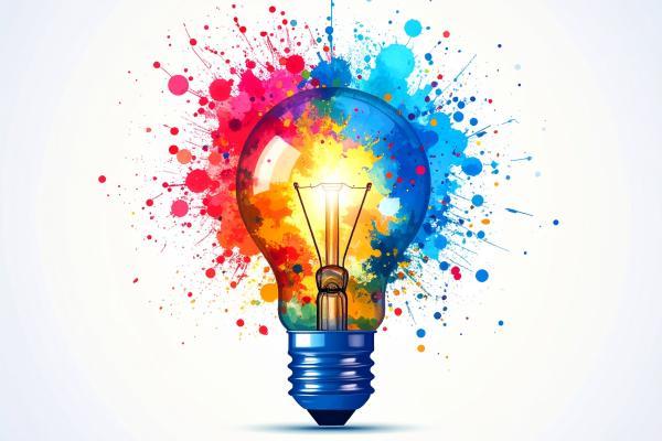 Illustration of lightbulb with colourful paint emerging