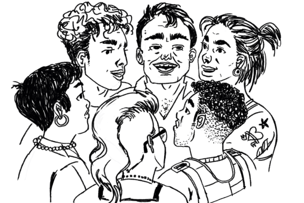 Drawing of six people smiling and huddled together
