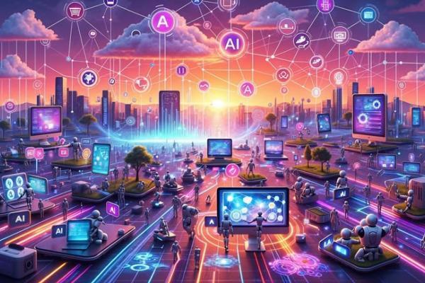 AI generated image - mass landscape of computers generating content in the sky